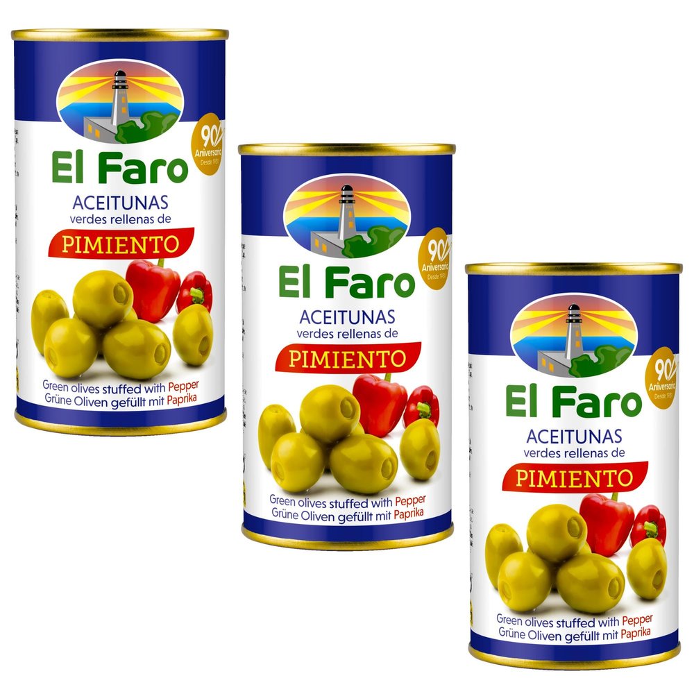 El Faro 3x 350g (150g drained) Spanish Manzanilla Green Olives Filled With Roasted Red Pepper Snack
