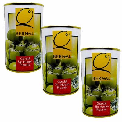 Bernal 3 x350g tins (3 x 150 Grams Drained ) Spanish Green Pitted Gordal Olives Picante Spicy