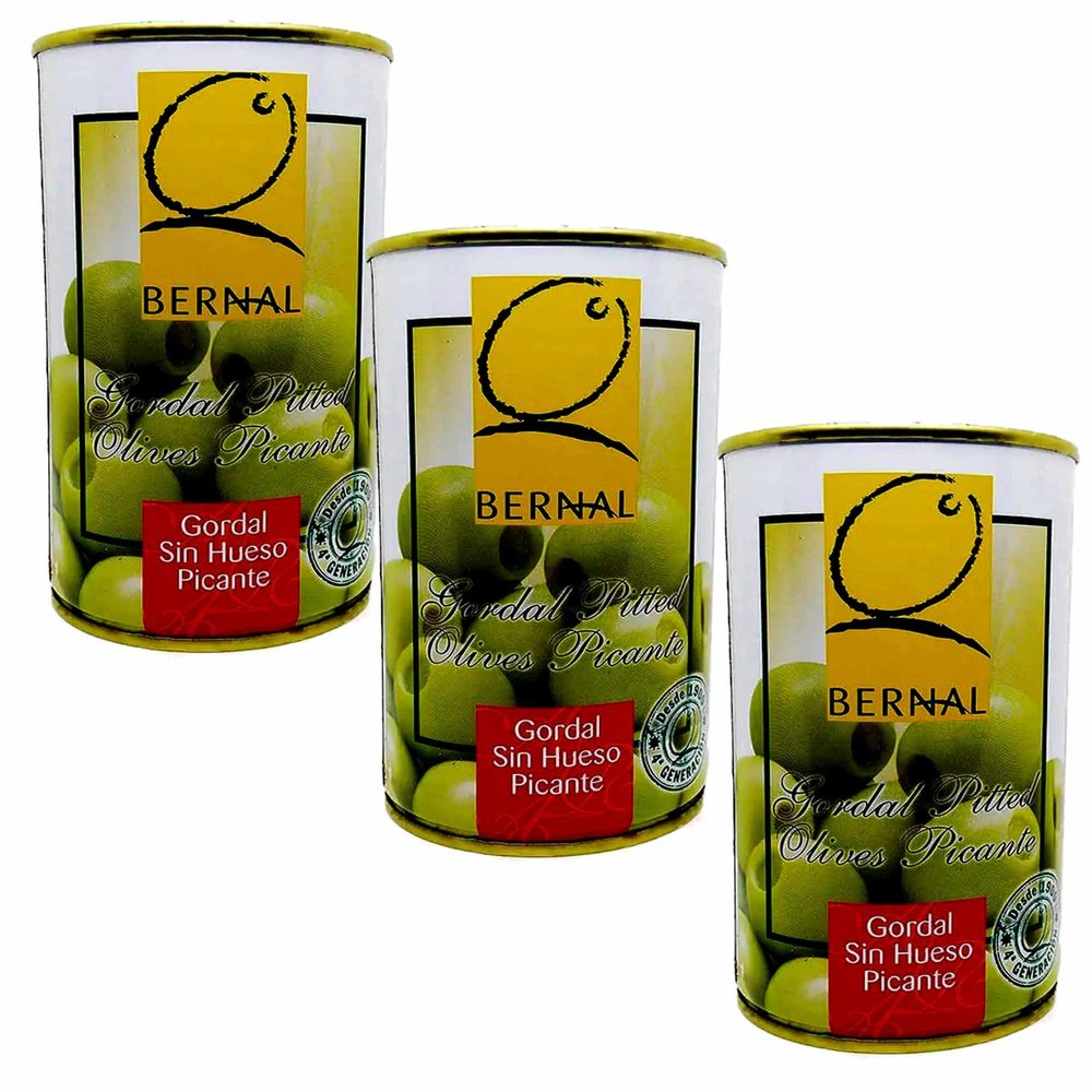 Bernal 3 x350g tins (3 x 150 Grams Drained ) Spanish Green Pitted Gordal Olives Picante Spicy