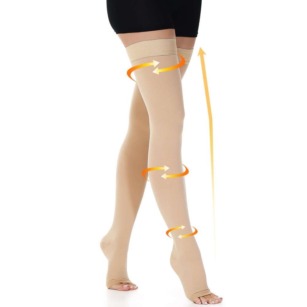 beister 15-20 mmHg Open Toe Medical Compression Stockings for Women Men, Thigh High Graduated Compression Socks with Dot Silicone Band, Support Circulation Pressure Stockings for Varicose Veins, Edema