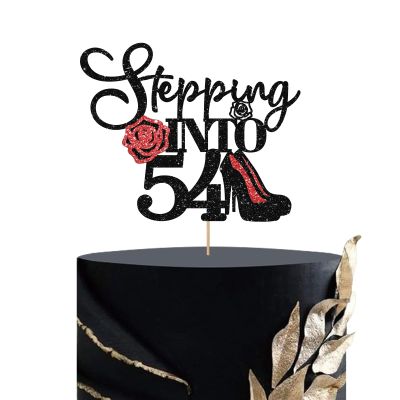 Stepping Into 54 Cake Topper, Women's 54th Birthday Cake Topper, Highheel Rose Sign Cheers to 54 Years Cake Decorations - Black & Red Glitter (54)