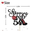 Stepping Into 54 Cake Topper, Women's 54th Birthday Cake Topper, Highheel Rose Sign Cheers to 54 Years Cake Decorations - Black & Red Glitter (54) view 2