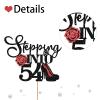 Stepping Into 54 Cake Topper, Women's 54th Birthday Cake Topper, Highheel Rose Sign Cheers to 54 Years Cake Decorations - Black & Red Glitter (54) view 3