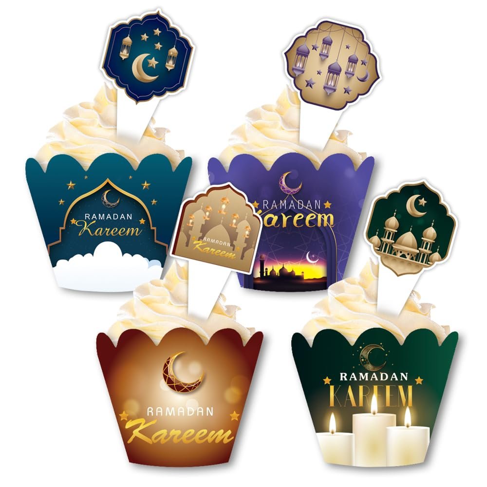 24 Sets Ramadan Cupcake Toppers and Wrappers Eid Mubarak Decorations,Islamic Mosque Moon Star Cupcake Decorations Topper Cupcake Pick Liners for Islamic Muslim Theme Party Cake Decorations Supplies