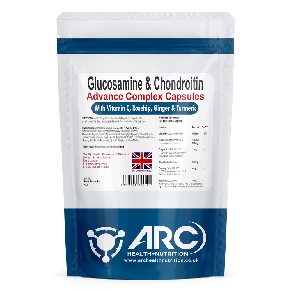 Glucosamine & Chondroitin Complex 180 Capsules  Vitamin C, Turmeric, Ginger & Rosehip - High Strength Contributes to Bone & Joint Health  Made in UK