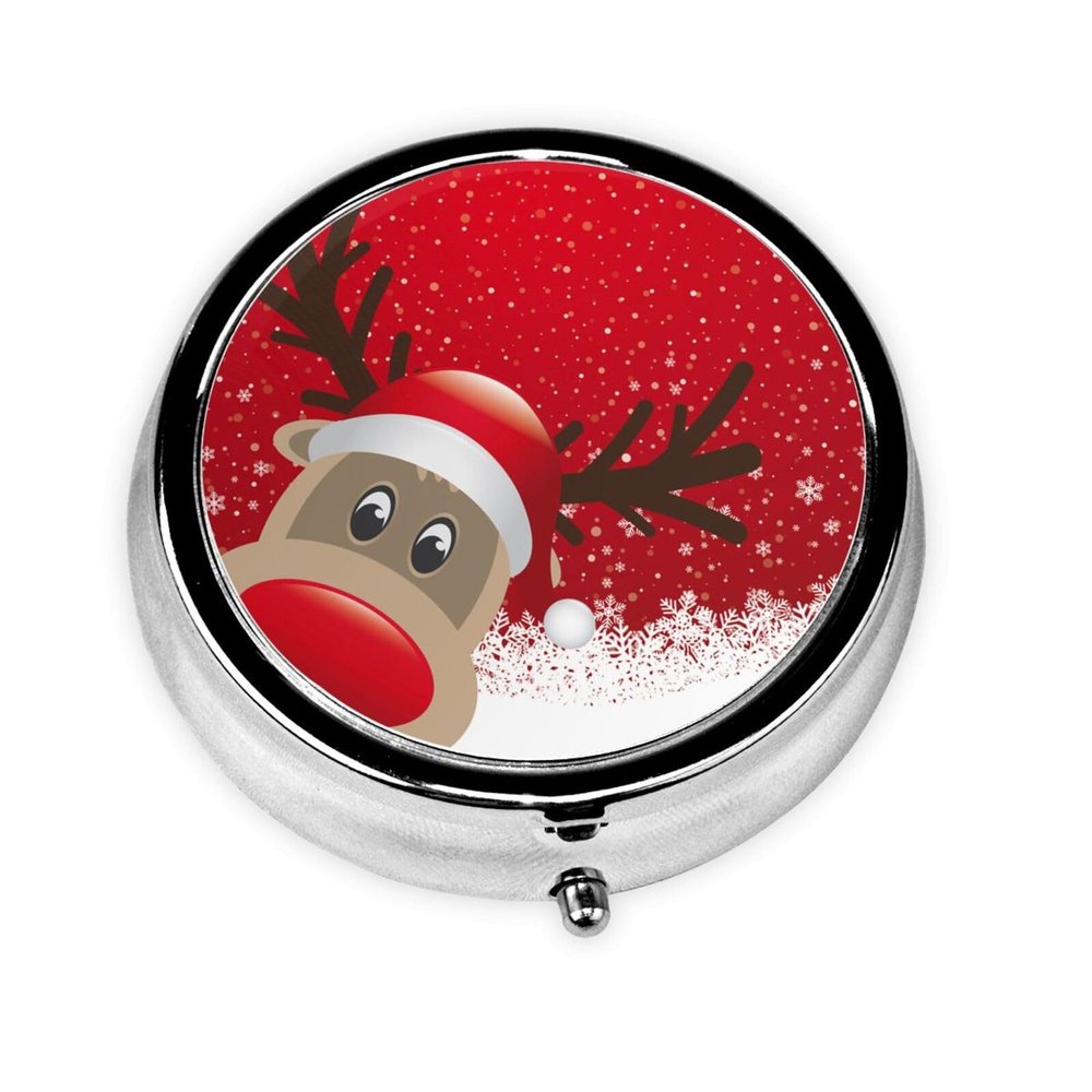 Christmas Print Compact Circular Mini Pill Box - All-Over Print Design, Metallic Electroplated Iron Material A Handy Organizer for Your Daily Medication Needs
