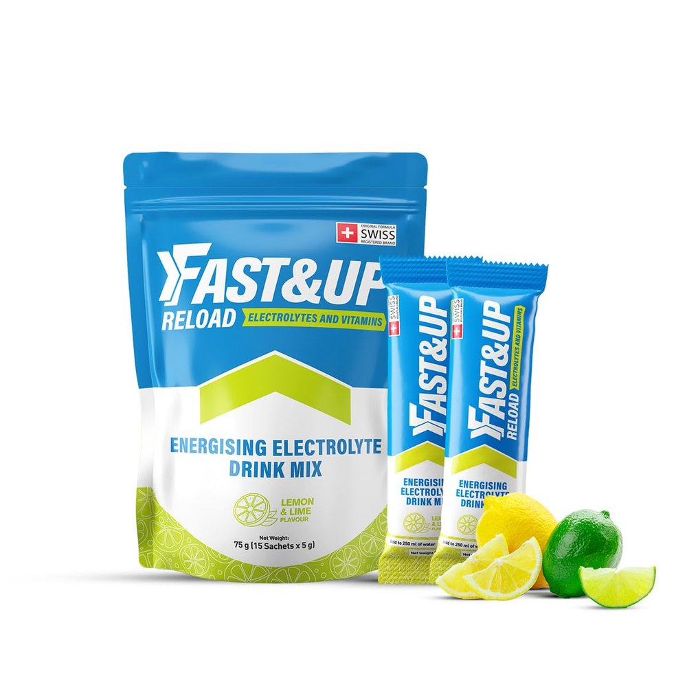 Fast&Up Reload Electrolyte Powder Drink Mix |15 sachets| 5 Electrolytes & Vitamins for Instant Hydration & Energy | (Lemon & Lime)
