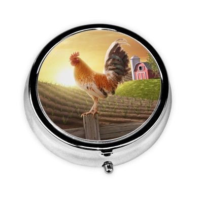 Rooster On Wood in Farmland Print Round Pill Box,Portable Mini Metal Pill,Pill Box 3 Compartment Medicine Pill Case