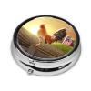 Rooster On Wood in Farmland Print Round Pill Box,Portable Mini Metal Pill,Pill Box 3 Compartment Medicine Pill Case view 2