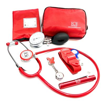 Aneroid Blood Pressure Sphygmomanometer Monitor, Stethoscope, Pen Light (Pen Torch), Tourniquet, Nurse Watch, Lanyard ID Card Holder - Starter Set (Red with Butterfly Watch)