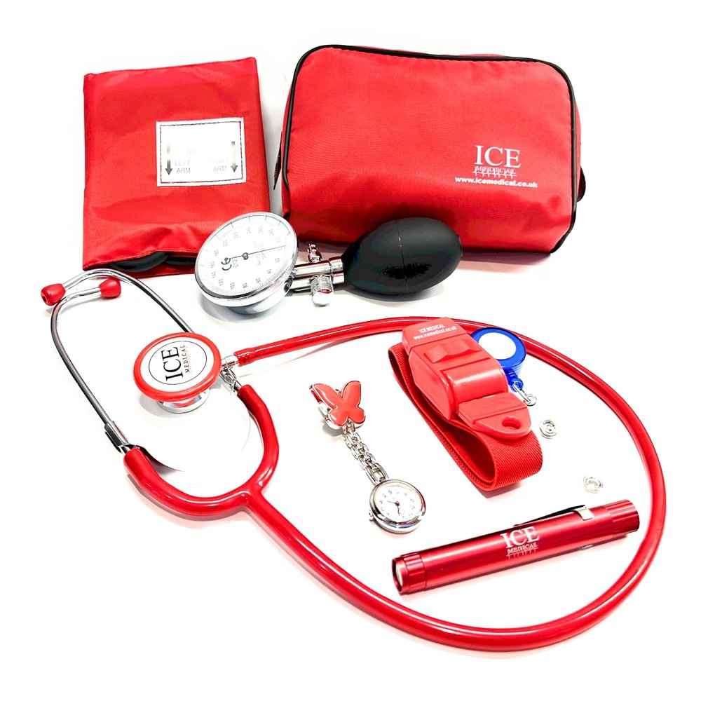 Aneroid Blood Pressure Sphygmomanometer Monitor, Stethoscope, Pen Light (Pen Torch), Tourniquet, Nurse Watch, Lanyard ID Card Holder - Starter Set (Red with Butterfly Watch)