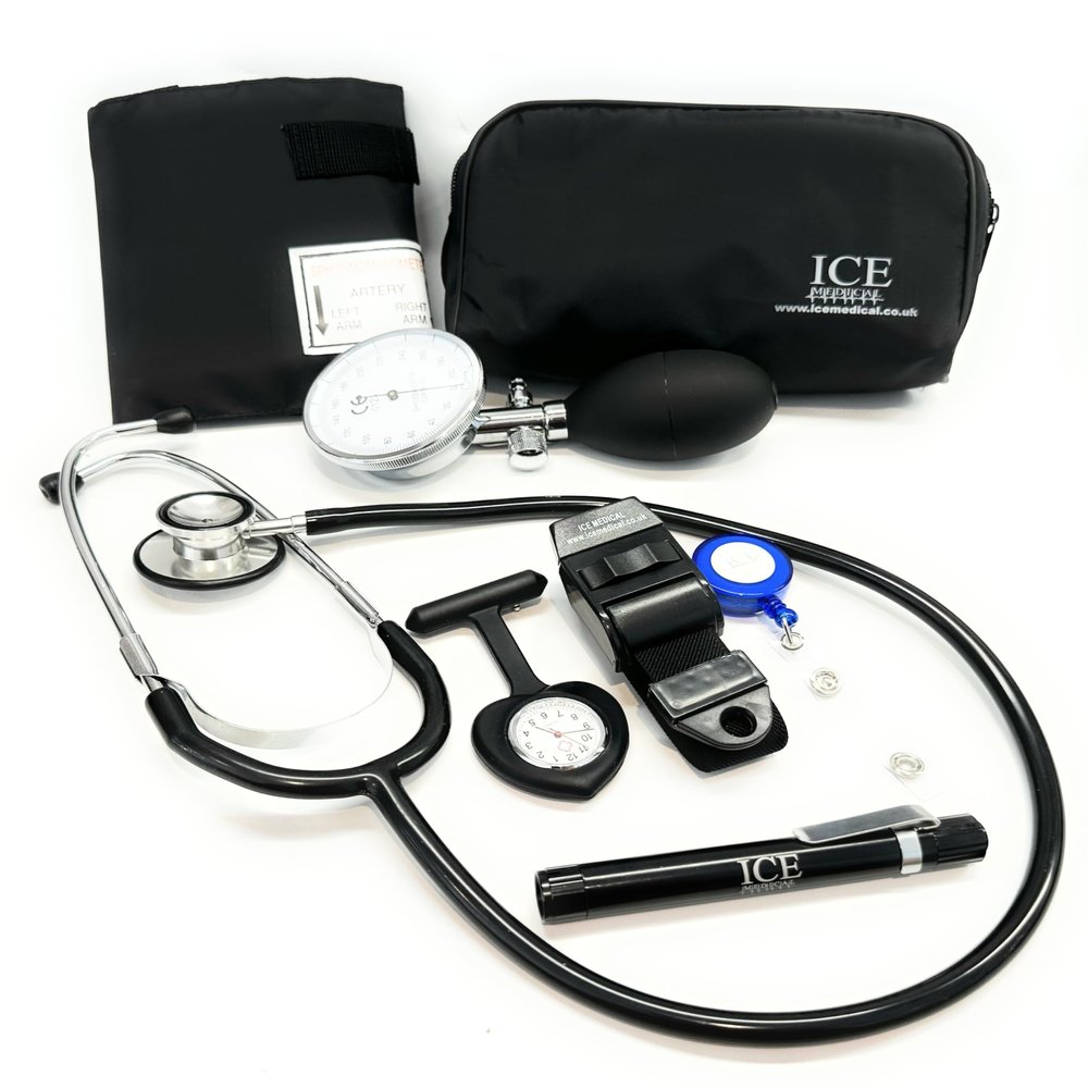 Aneroid Blood Pressure Sphygmomanometer Monitor, Stethoscope, Pen Light (Pen Torch), Tourniquet, Nurse Watch, Lanyard ID Card Holder - Starter Set (Purple with Silicone Watch)