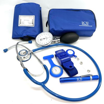 Aneroid Blood Pressure Sphygmomanometer Monitor, Stethoscope, Pen Light (Pen Torch), Tourniquet, Nurse Watch, Lanyard ID Card Holder - Starter Set (Blue with Silicone Watch)