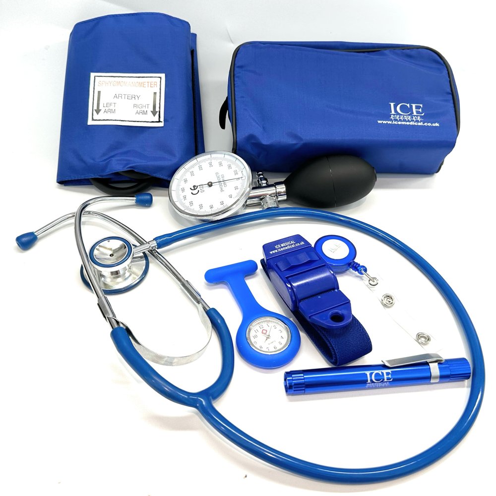 Aneroid Blood Pressure Sphygmomanometer Monitor, Stethoscope, Pen Light (Pen Torch), Tourniquet, Nurse Watch, Lanyard ID Card Holder - Starter Set (Blue with Silicone Watch)