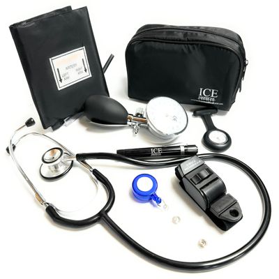 Aneroid Blood Pressure Sphygmomanometer Monitor, Stethoscope, Pen Light (Pen Torch), Tourniquet, Nurse Watch, Lanyard ID Card Holder - Starter Set (Black with Silicone Watch)