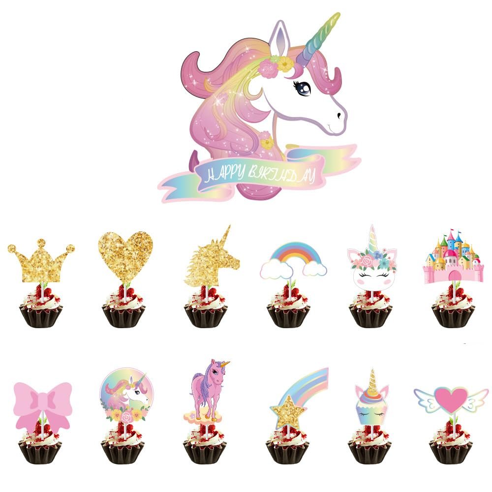 25 Pcs Cupcake Toppers, Unicorn Cake Toppers for Girls Birthday, Unicorn Cake Decorations, Unicorn Party Supplies Children Birthday Wedding Cake Decorations