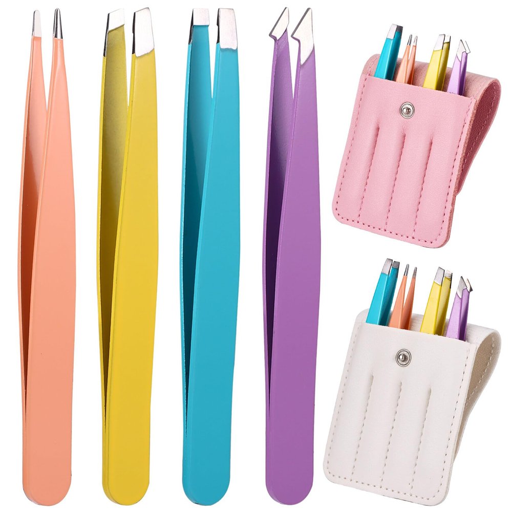 8Pcs Tweezers for Facial Hair Women Precision Tweezers Set for Ingrown Hair Remove and Lash Extension, Plucking Tweezers with Leather Case for Ladies Gifts