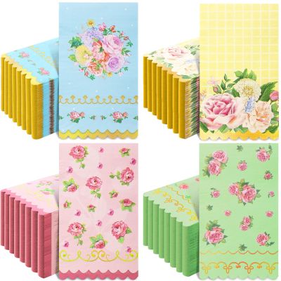 100 Pcs Tea Party Napkins Disposable - Floral Paper Napkins Scalloped Flower Tea Party Dinner Napkins for Birthday Wedding Bridal Shower Garden Supplies