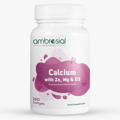 Ambrosial Calcium Magnesium Zinc + D3 4-in-1 Mineral Complex with Calcium Citrate High Strength Daily Formula 120 Softgel Capsules Non-GMO, Gluten-Free, GMP Certified