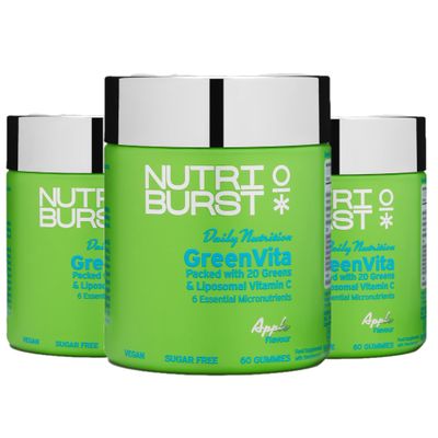 Nutriburst GreenVita Multipack - Vegan Super Greens Blend - Fruit + Veg + 100% Fruiting Bodies Mushrooms + 200 Million Live Bacteria Cultures - Boosted with Vitamins - 3 x 60 Gummies / 3 Month Supply