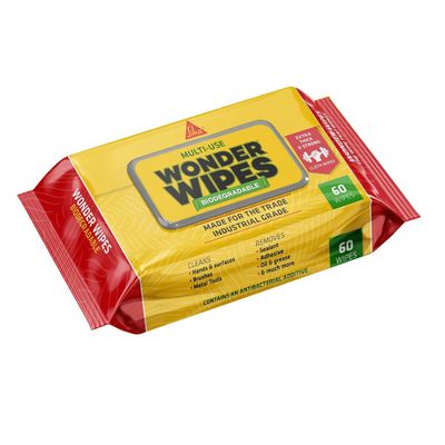 Sika - Biodegradable - Wonder Wipes - Multi-Use Cleaning Wipes for the Building Trade - Specially Formulated to Clean Hands, Tools and Surfaces - 60 Pack