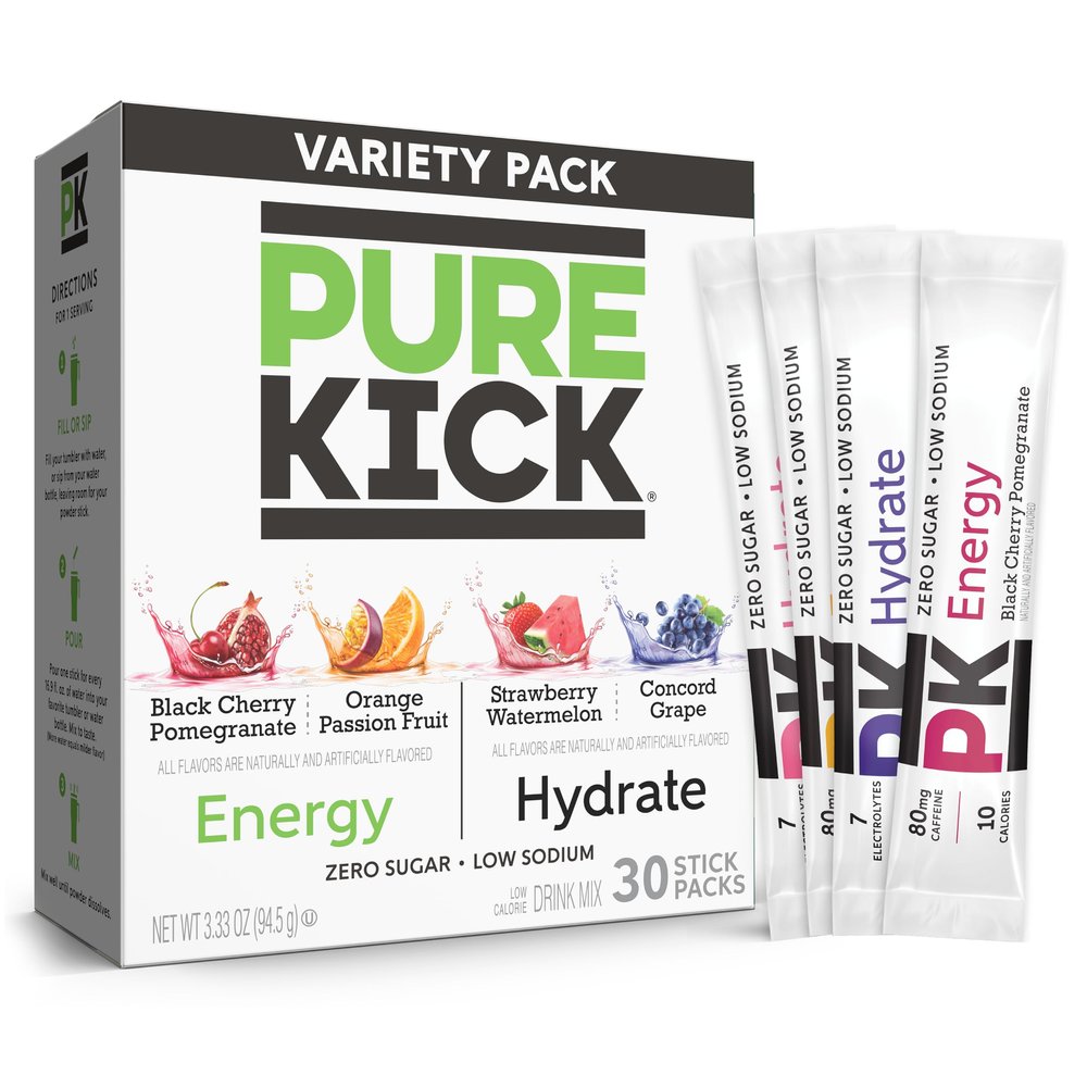 PURE KICK Energy and Hydrate Singles To Go Drink Mix Variety Pack, Black Cherry Granate,Orange Passion Fruit, Strawberry Watermelon and Concord Grape, 40 Count (Pack of 1)