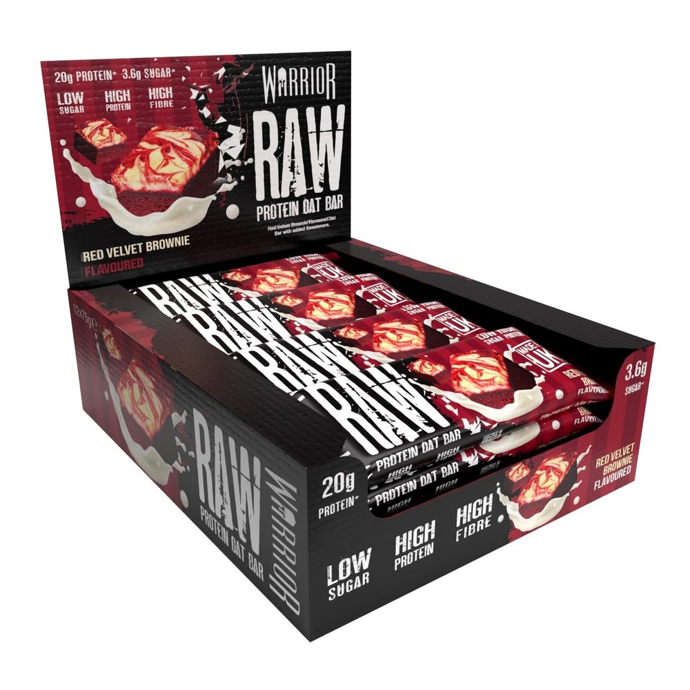 Warrior Raw Protein Bars  20g Protein Per Bar  High Protein Snack Bars Multipack (12 or 24 Bars, 75g Each)  Low Sugar, High Fibre Breakfast & Meal Replacement Bar  Red Velvet Brownie Flapjack