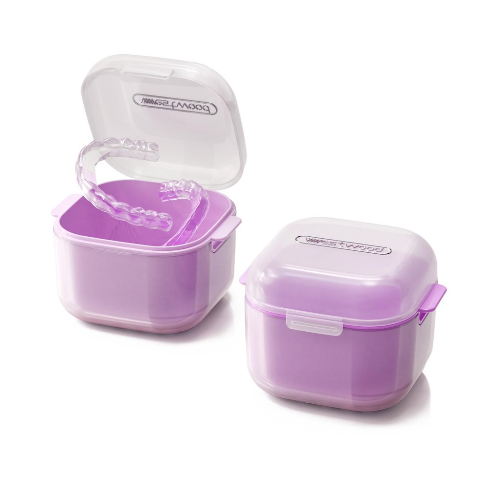 HyJeryty Purple Denture Case, Retainer Cup, Pretty Night Mouth Guard Holder Box, Storage Soak Container with Drain Basket for Home Travel Cleaning
