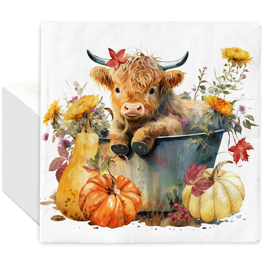 Generic AnyDesign 80Pcs Fall Paper Napkins Highland Cow Pumpkin Disposable Luncheon Napkins Autumn Flower Decorative Dinner Napkin for Thanksgiving Home Party Table Decor