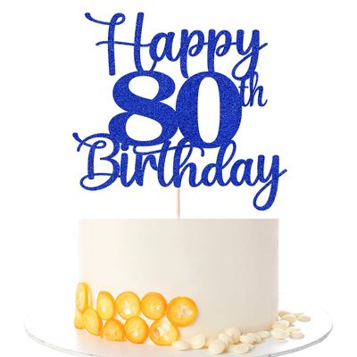 Kaoenla Glitter Happy 80th Birthday Cake Topper,Hello 80Cheers to 80 Years,80th Anniversary /80 years old birthday Party Decor(80, blue)