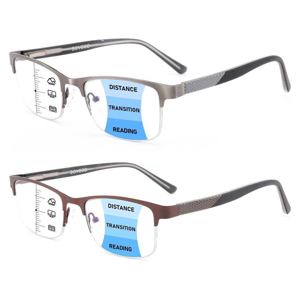 2 Pack Mens Progressive Multifocus Reading Glasses Blue Light Blocking Computer Readers with Spring Hinge Multifocal Eyeglasses (Brown & Gun, 1.0, x)
