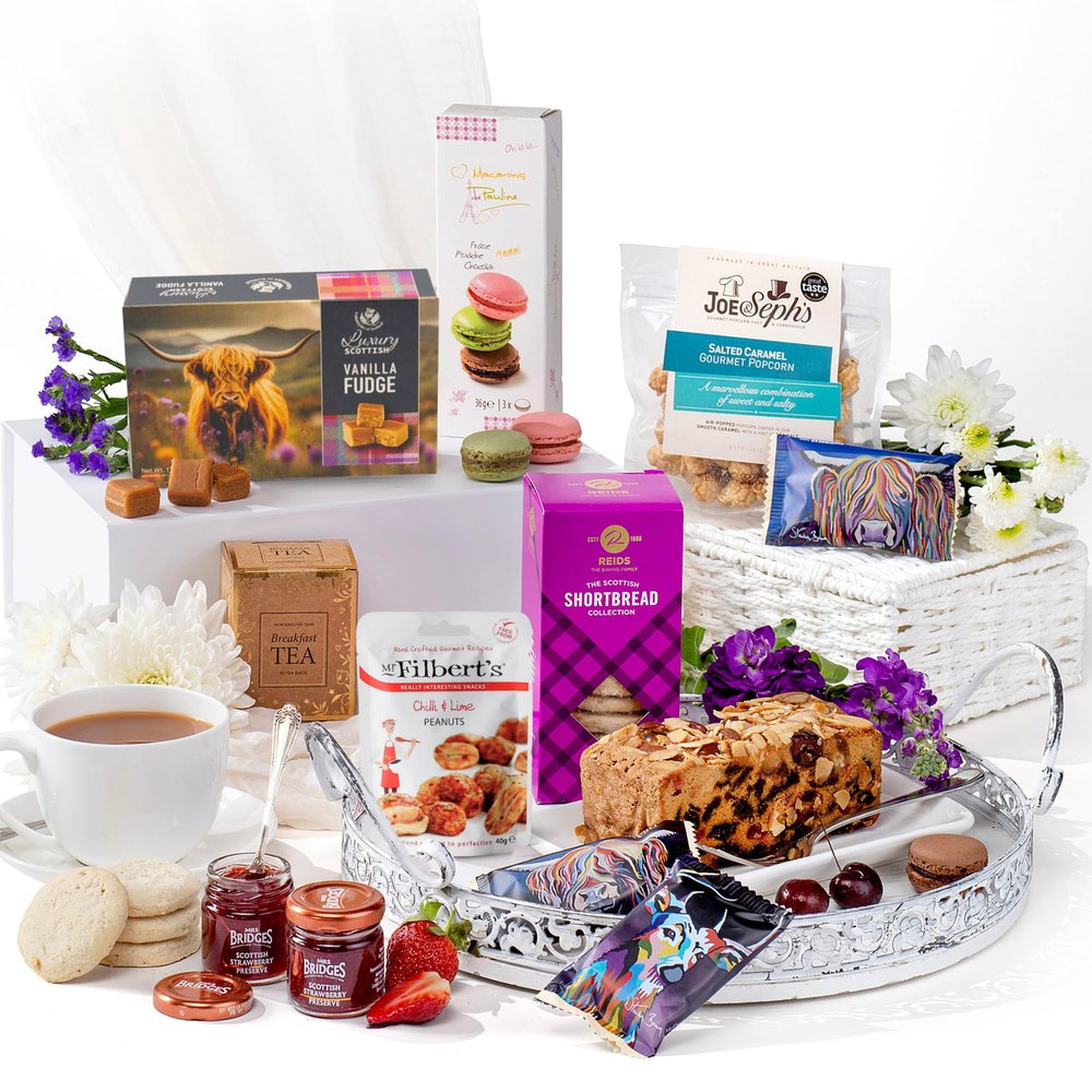 Hatties Gifts Afternoon Tea Gifts for Women and Men - Luxury Food Hamper with Fruit Cake, Fudge, Shortbread, Jam & Gourmet Snacks  Birthday Present, Valentines Hamper & Thank You
