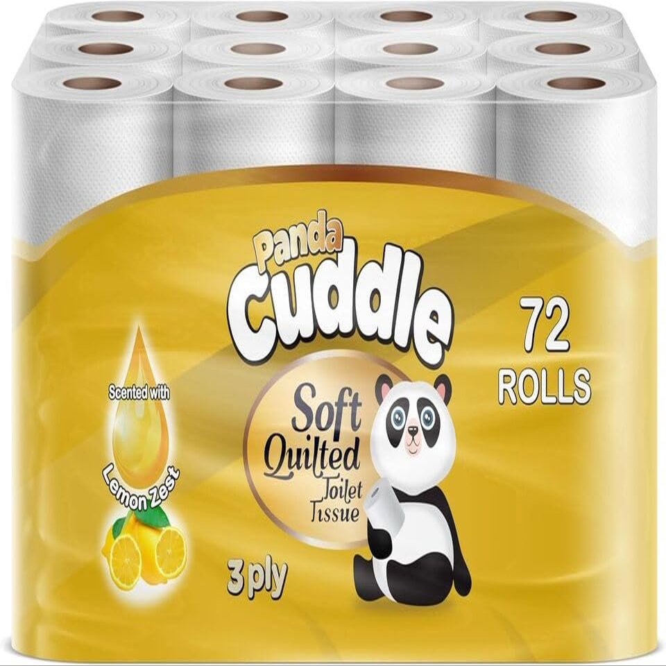 Ayn Al Madina Panda Cuddle Soft Quilted Toilet Rolls | Super Quality Tissues| 3 Ply Toilet Paper | Provide Ultimate Quilted Comfort | Compostable & Sustainable Tissue Roll (Lemon Zest, Pack of 72)