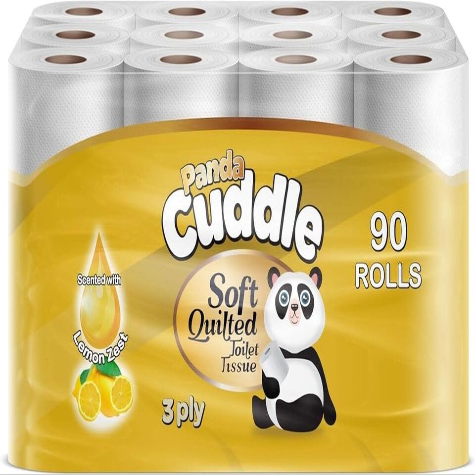 Ayn Al Madina Panda Cuddle Soft Quilted Toilet Rolls | Super Quality Tissues| 3 Ply Toilet Paper | Provide Ultimate Quilted Comfort | Compostable & Sustainable Tissue Roll (Lemon Zest, Pack of 90)