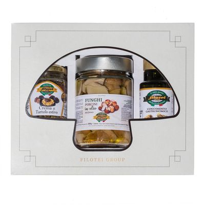 Tris Lux Box, Gourmet Basket, Summer Truffle Cream 90g, Whole Fresh Porcini Mushrooms in Oil 280g, White Truffle Oil 100 ml