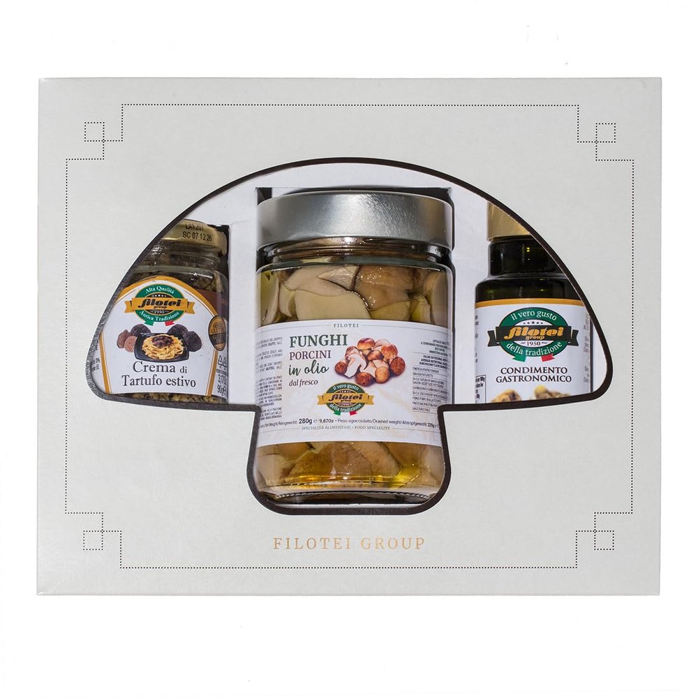 Tris Lux Box, Gourmet Basket, Summer Truffle Cream 90g, Whole Fresh Porcini Mushrooms in Oil 280g, White Truffle Oil 100 ml
