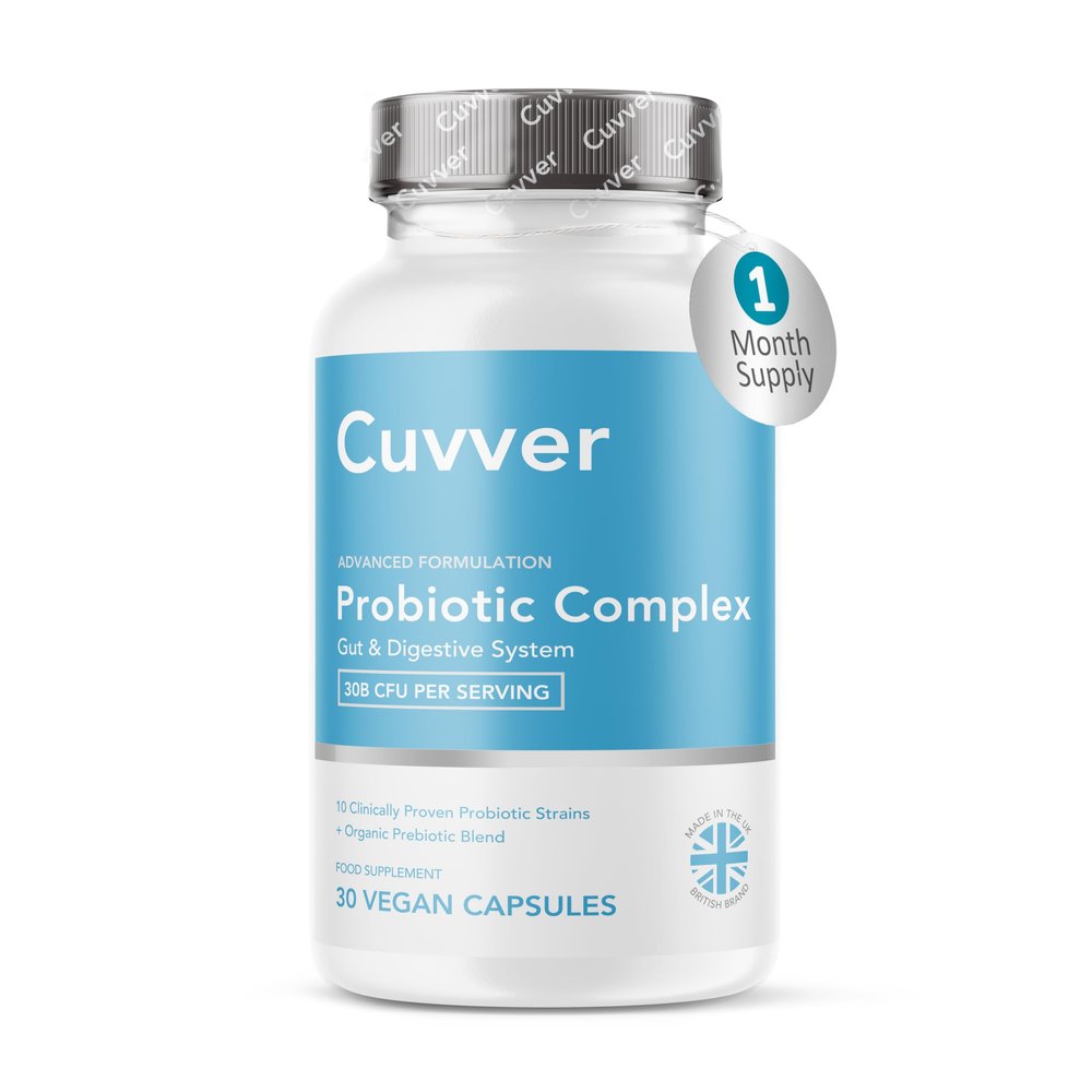 Cuvver Probiotics Complex - Gut Health & Bloating Relief Organic Prebiotics - 30 Billion CFU - 10 Bacterial Cultures - Vegan Supplement for Men & Women - 30 Capsules - 1 Month Supply - Made in UK