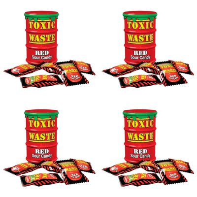 Toxic Waste Red Drums Hazardously Sour Candy Sweets - 4x Drums: 5 Sour Flavours Pear, Cranberry, Raspberry, Grape, Strawberry