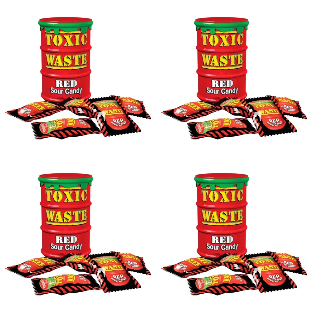 Toxic Waste Red Drums Hazardously Sour Candy Sweets - 4x Drums: 5 Sour Flavours Pear, Cranberry, Raspberry, Grape, Strawberry