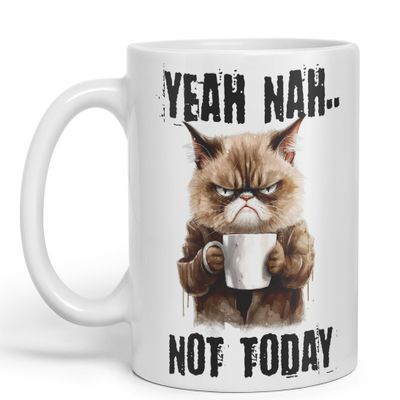 Vixar Yeah Nah.. Not Today, Cat Gift Sarcastic Joke Ceramic Coloured Mug Cup for Tea Coffee Hot Brew 330ml 11Oz (White)