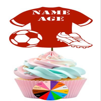 Personalised FOOTBALL SHIRT with BALL and BOOT - BIRTHDAY Gold Mirror Finish Cake Topper for Cupcakes x6 with Wooden Sticks