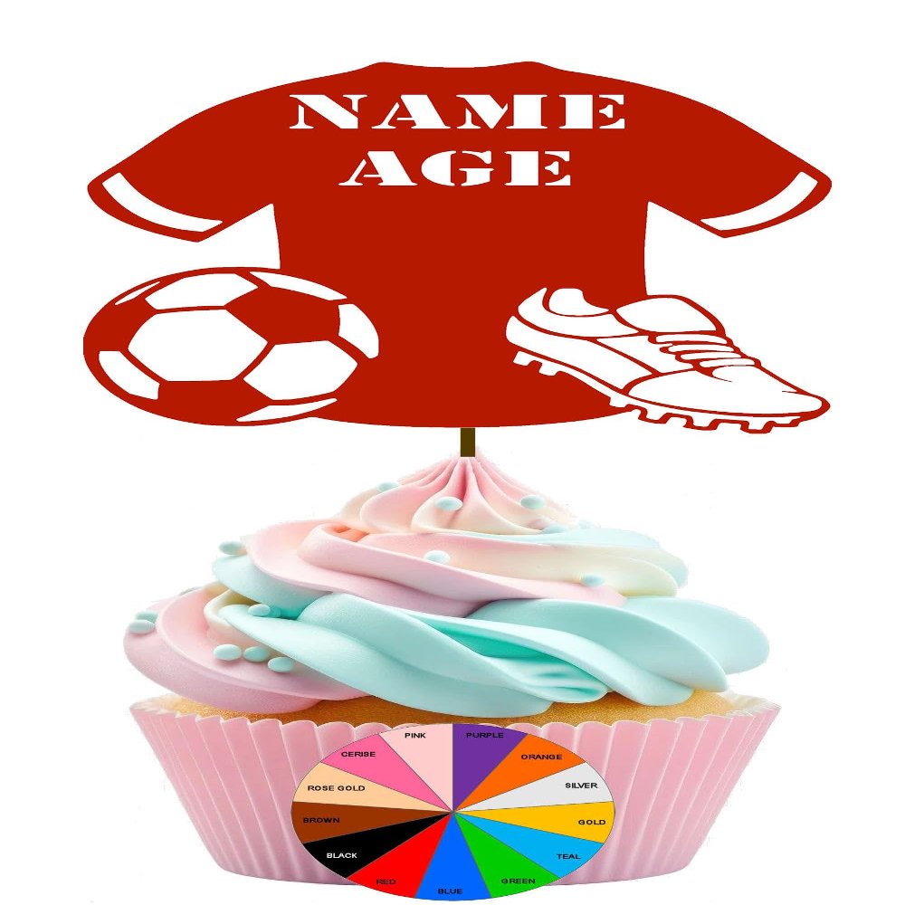 Personalised FOOTBALL SHIRT with BALL and BOOT - BIRTHDAY Gold Mirror Finish Cake Topper for Cupcakes x6 with Wooden Sticks