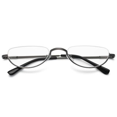ABETOS Half Moon Reading Glasses Metal Frame Half Lens Slim Readers Spring Hing Semi-Rimless Retro Small Eyewear Eyeglasses for Men Women, Grey 2.5