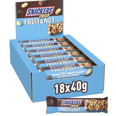 Snickers Crisp Fruit & Nut Milk Chocolate Snack Bars 18 x 40g, Bulk Chocolate Box, Ideal for Gift, Snacks or Hamper
