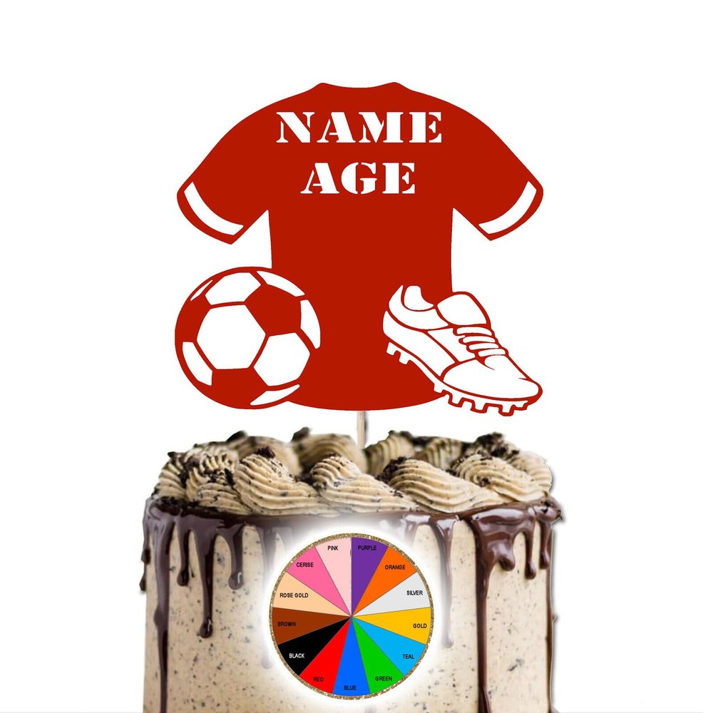 Personalised FOOTBALL SHIRT with BALL and BOOT - BIRTHDAY Gold Mirror Finish Cake Topper for Large Cake with Transparent Stick