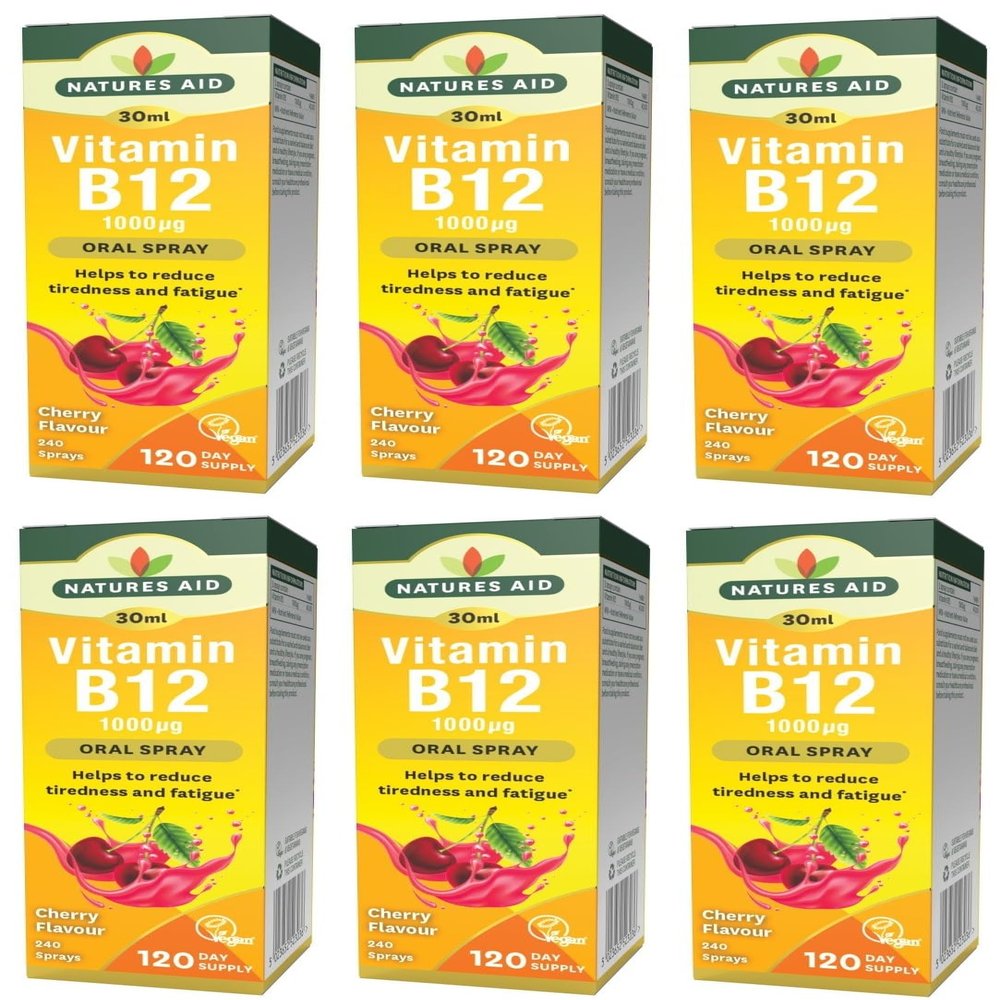 Natures Aid Vitamin B12 Daily Oral Spray - Natural High Strength 1000g - Supports Energy Tiredness Fatigue - 30ml - Pack of 6