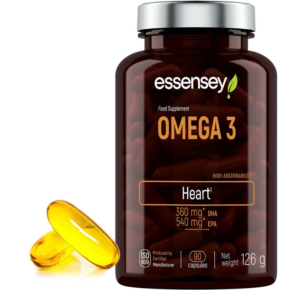 Essensey Omega 3 Fish Oil Capsules with DHA, EPA & Vitamin E - 90 Softgels for Brain Heart & Eye Health - Essential Fatty Acids Supplement