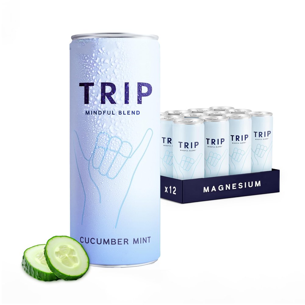 TRIP Cucumber Mint Sparkling drink with 120MG calming Magnesium + Lions Mane + Chamomile + Lemon Balm. Low Calorie and Vegan (Pack of 12 x 250ml) - Packaging Might Vary