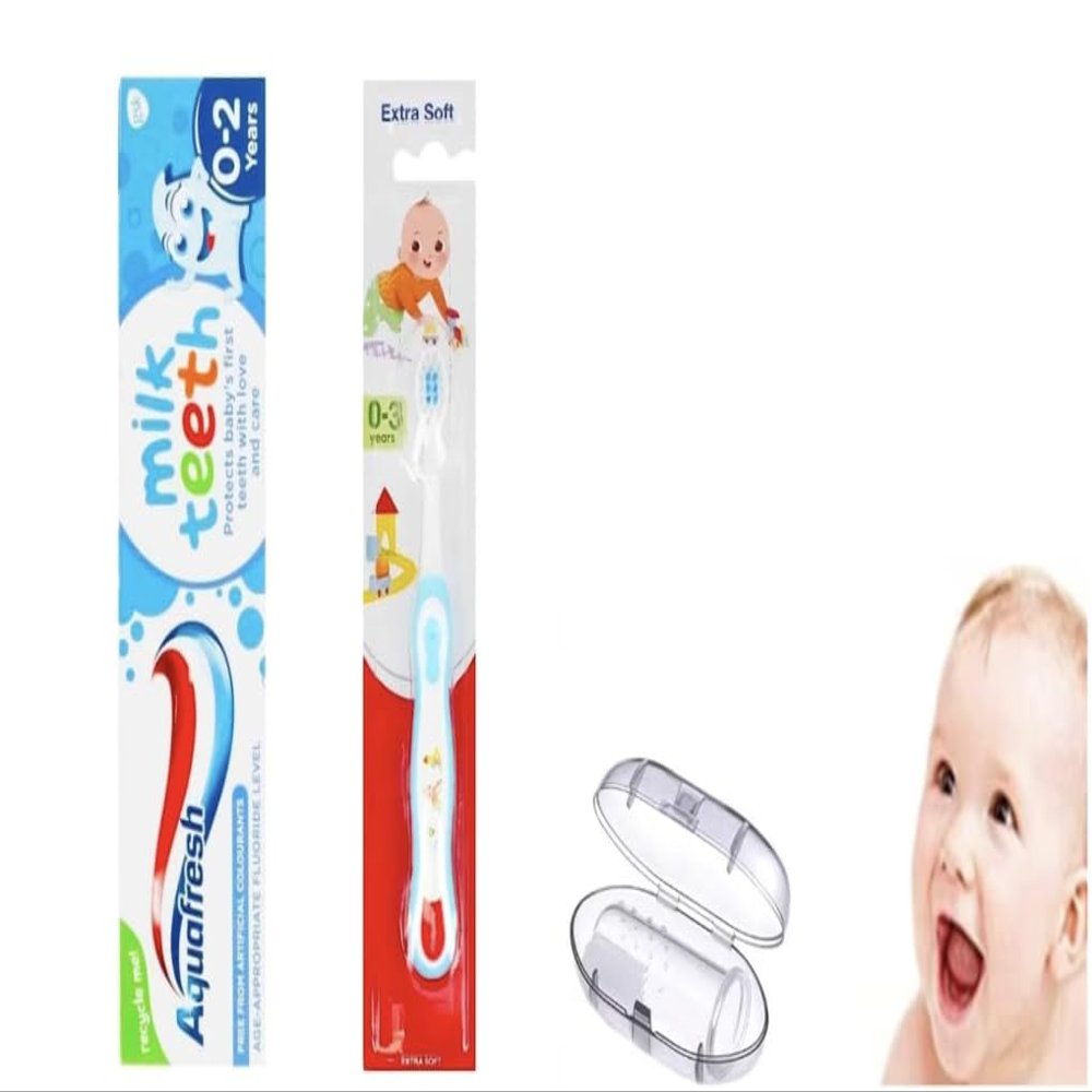 Sanitral Complete Babys First Toothbrush Kit-Aquafresh Milk Teeth 0-2 Years Toothpaste+Extra Soft Toothbrush +Finger Toothbrush (Set of 3)