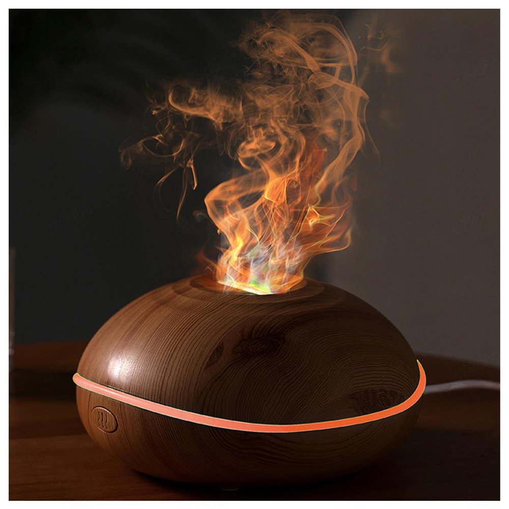 HAZARA Fire Humidifier 7 Flame Colors Changing Noiseless, 200ml Flame Diffuser Humidifier with No-Water Auto-Off Protection for Bedroom,Office,Yoga,Wood-Grain